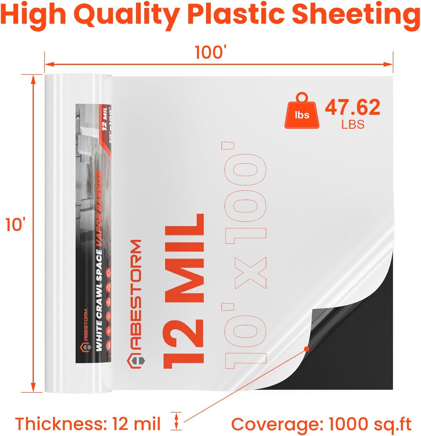 Abestorm 12 mil 10'x100' Crawl Space Vapor Barrier for Encapsulation and Moisture Control