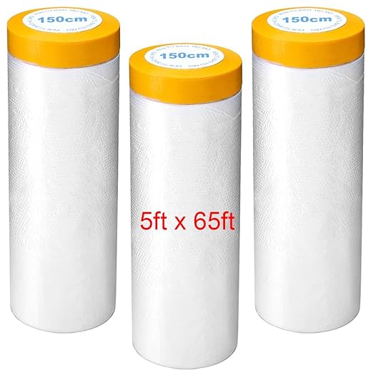 Tape Masking Film, 5 x 65 ft Roll of Painters Plastic Film, 3-Pack Tape and Curtains, Paint Adhesive Protective Film Roll for Covering Baseboards, Frames, Automotive