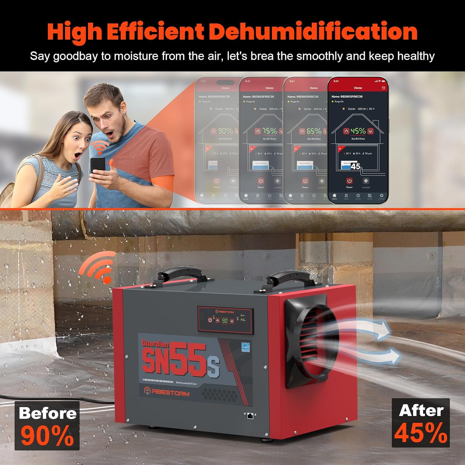 Abestorm 120 PPD Smart WIFI Crawl Space Dehumidifier with Drain Hose | Guardian SN55S