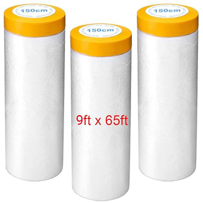 Tape Masking Film, 9 x 65 ft Roll of Painters Plastic Film, 3-Pack Tape and Curtains, Paint Adhesive Protective Film Roll for Covering Baseboards, Frames, Automotive